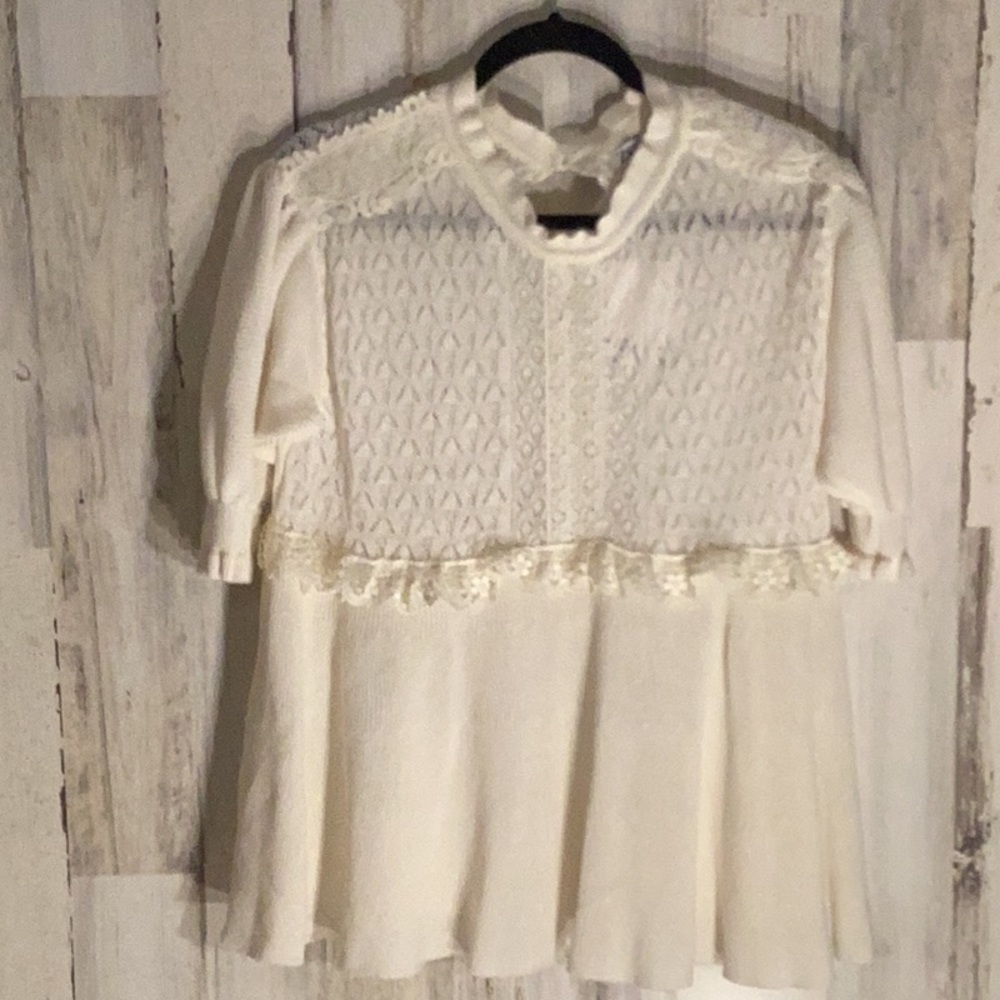 Zara Mixed Pointelle Lace Knit Top Size S